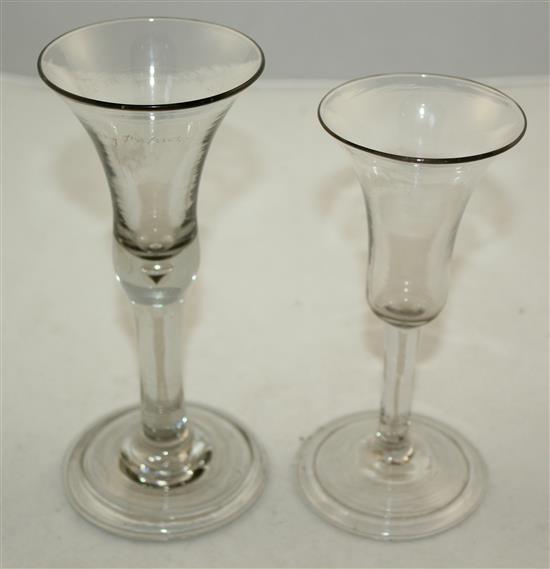Two drinking glasses, c.1740, 19cm & 17cm
